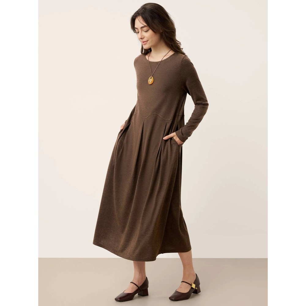 NEW Lintico Calista Wool Blend Arc Panel Sculpted Pleats Maxi Dress Size M Brown